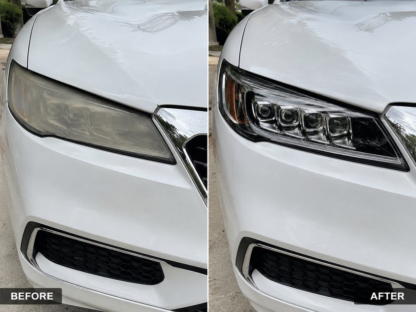 Acura TLX headlight before and after restoration — hazed lens polished clear, LED projectors sharp again