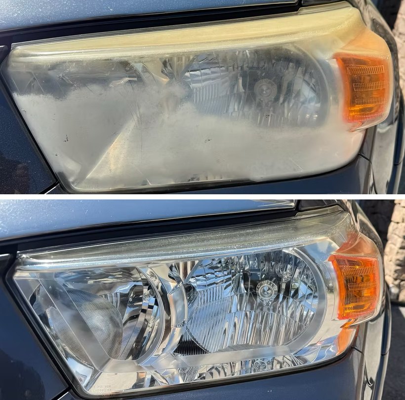 Blue Toyota pickup headlight before and after restoration — heavy fogging and scratches removed