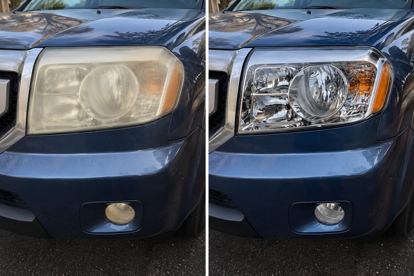 Honda Pilot headlight before and after restoration — chalky yellow oxidation removed, reflector and bulb clearly visible