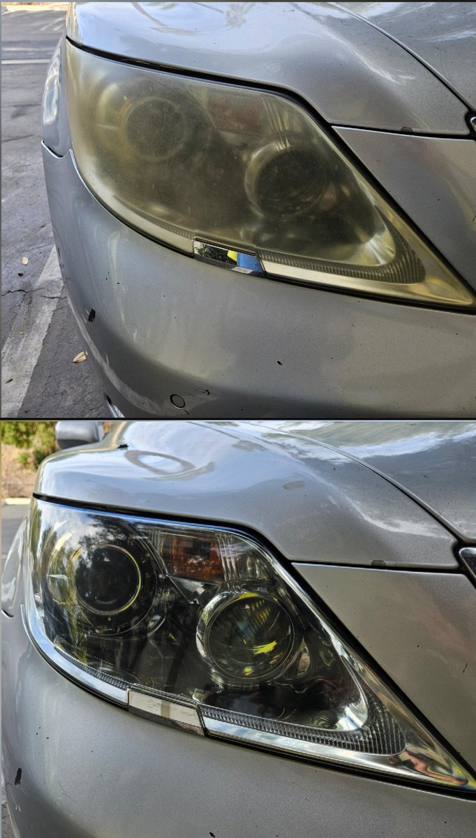 Silver sedan headlight before and after restoration — heavy yellow-green oxidation removed, projector lenses clear
