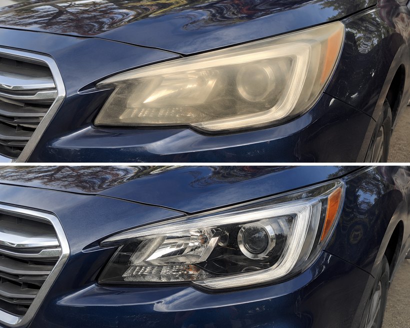 Subaru headlight before and after restoration — cloudy yellowed lens restored to clear with sharp projector