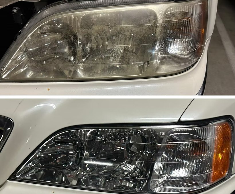 White sedan headlight before and after restoration — grimy pitted lens cleaned and polished to clear