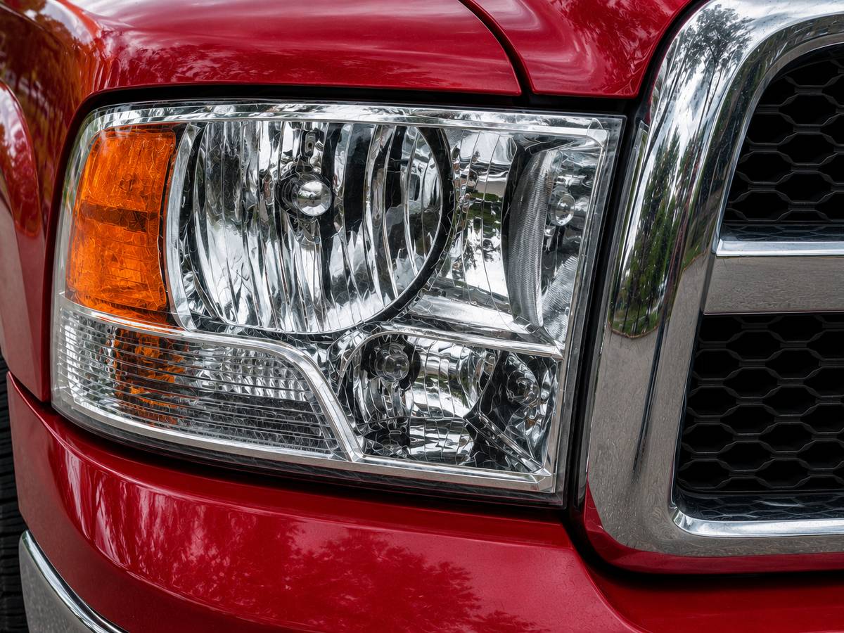 Ram 1500 headlight after restoration — yellowing removed and lens resealed