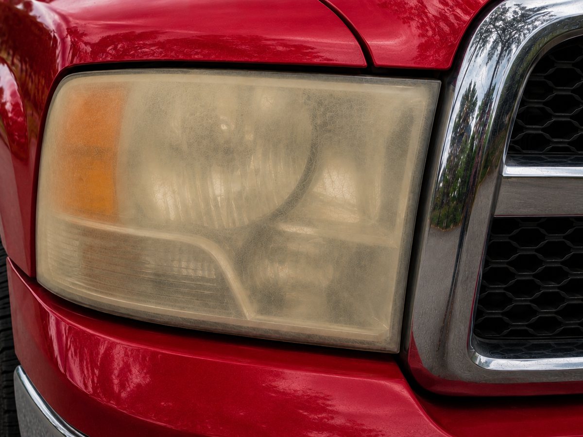 Same Ram 1500 headlight before restoration — cloudy, yellowed and hazed over