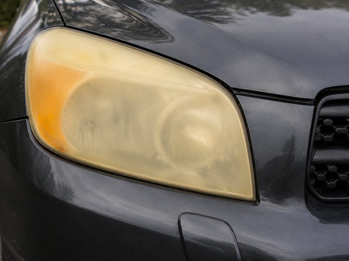 Same Toyota headlight before restoration — heavy yellow oxidation clouding the lens